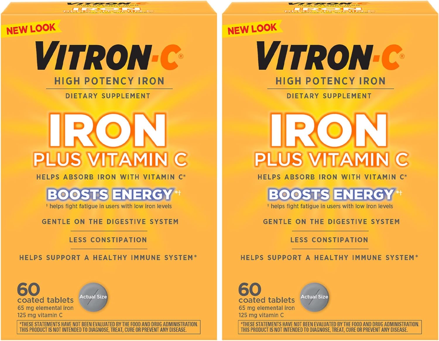 High Potency Vitron-C Iron Supplement Tablets with Vitamin C, 60 Count, Dye Free, Support Red Blood Cell Production, Pack of 2