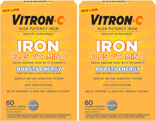 High Potency Vitron-C Iron Supplement Tablets with Vitamin C, 60 Count, Dye Free, Support Red Blood Cell Production, Pack of 2