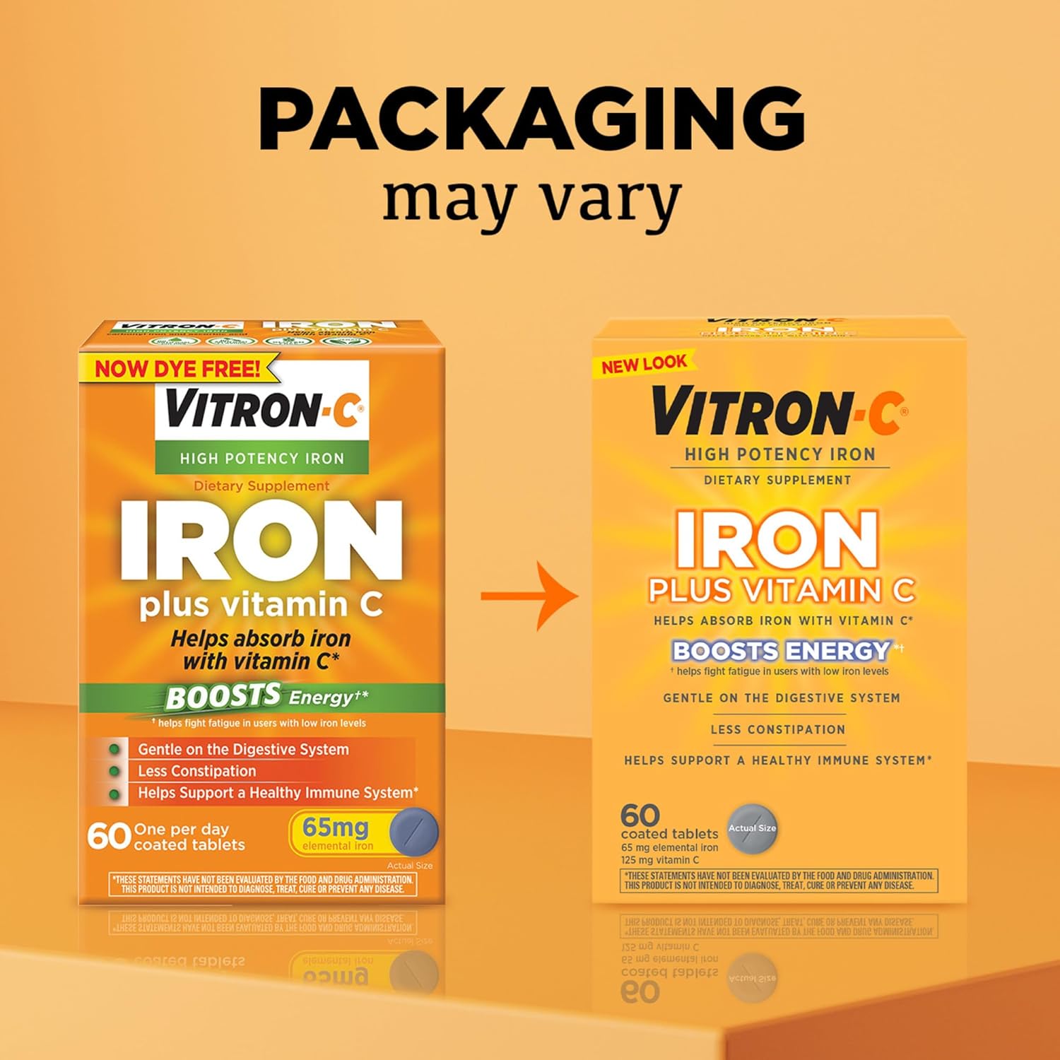 High Potency Vitron-C Iron Supplement Tablets with Vitamin C, 60 Count, Dye Free, Support Red Blood Cell Production, Pack of 2