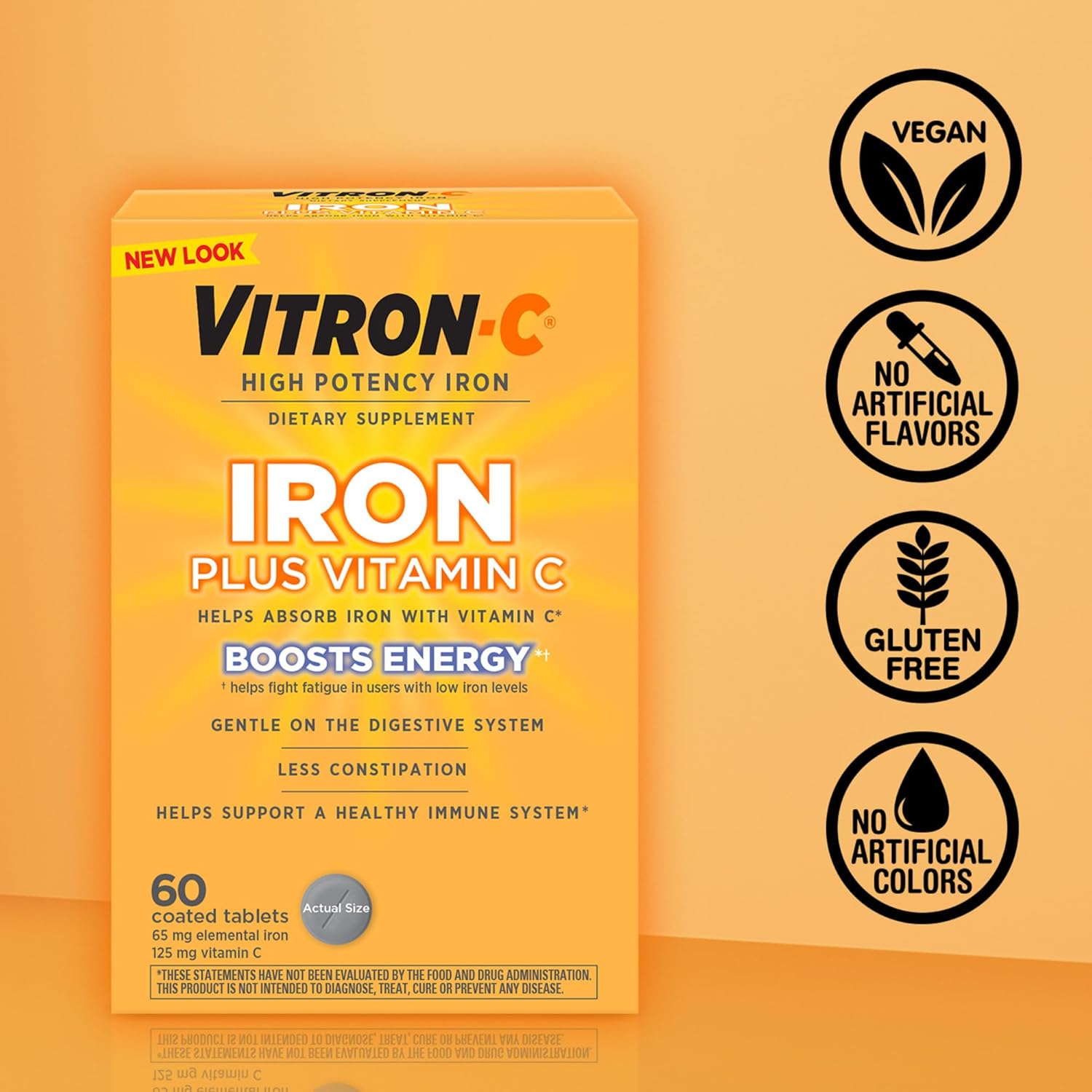 High Potency Vitron-C Iron Supplement Tablets with Vitamin C, 60 Count, Dye Free, Support Red Blood Cell Production, Pack of 2