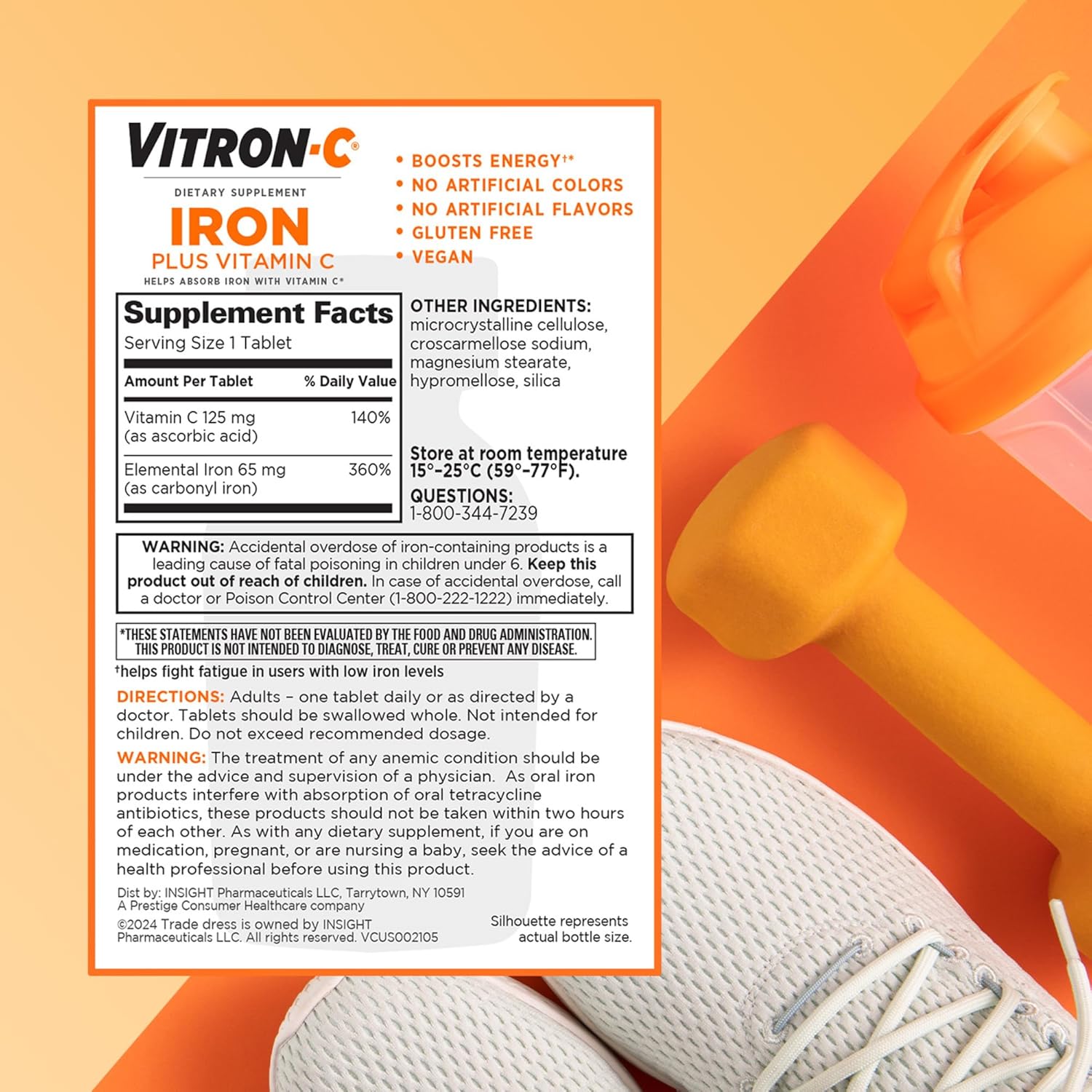 High Potency Vitron-C Iron Supplement Tablets with Vitamin C, 60 Count, Dye Free, Support Red Blood Cell Production, Pack of 2