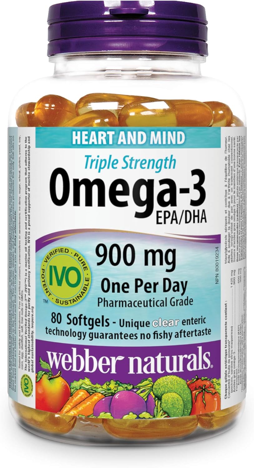 High Potency Webber Naturals Omega-3 Supplement, 900mg EPA/DHA, 80 Softgels