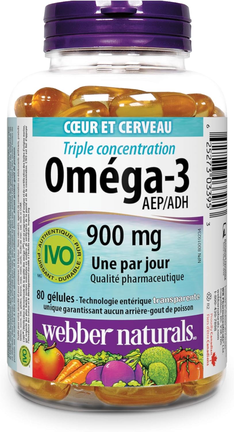 High Potency Webber Naturals Omega-3 Supplement, 900mg EPA/DHA, 80 Softgels