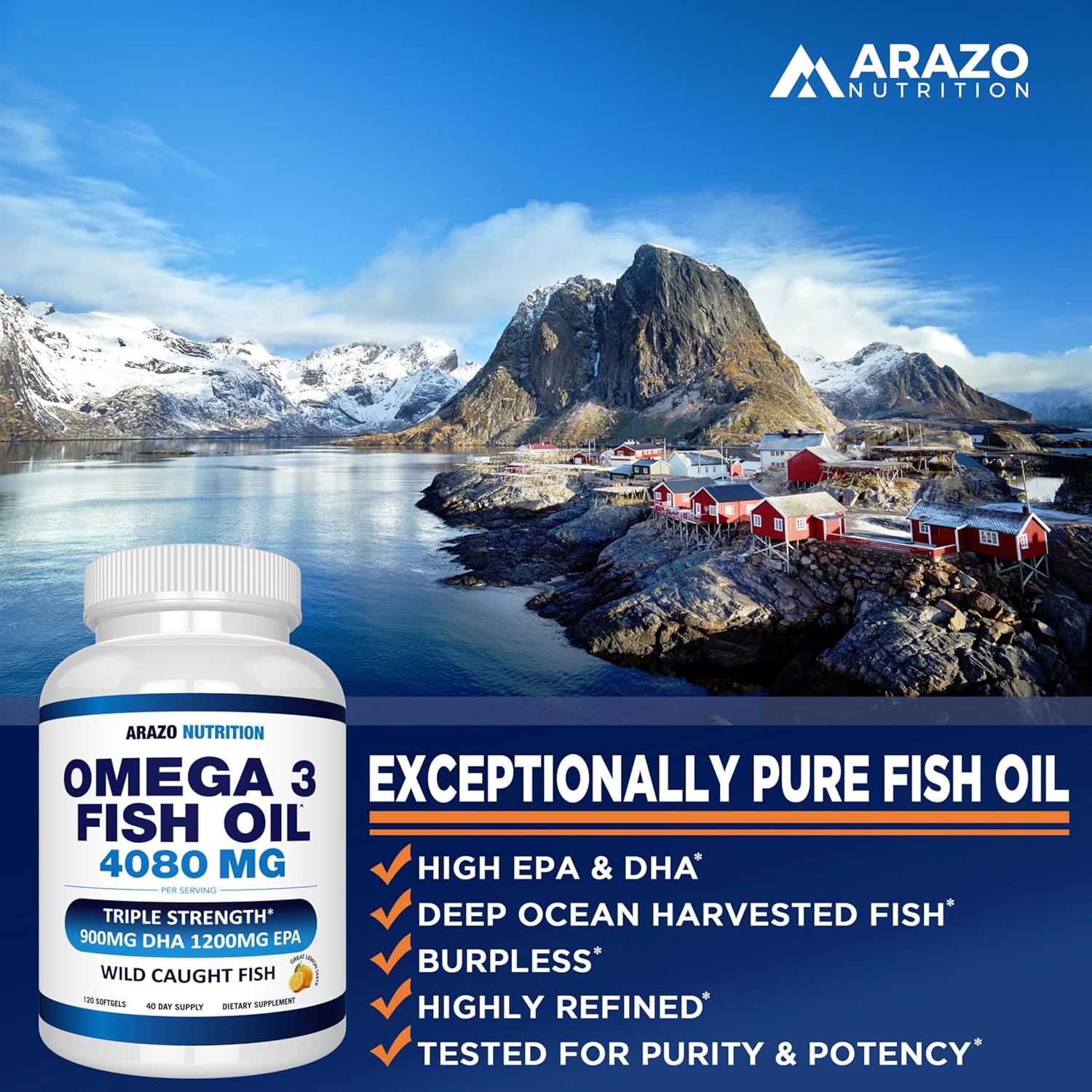High Potency Wild Caught Omega 3 Fish Oil Softgels with Lemon Flavor - 120 Softgels, 4080mg - EPA 1200mg, DHA 900mg - Burpless