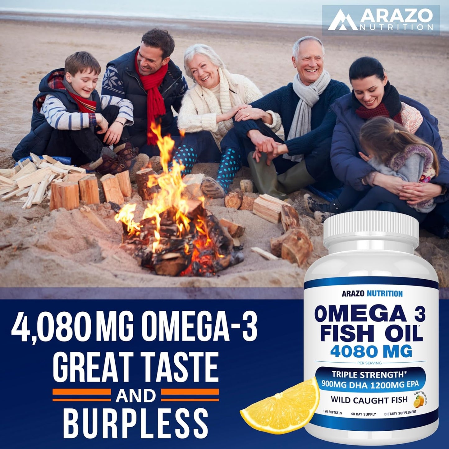 High Potency Wild Caught Omega 3 Fish Oil Softgels with Lemon Flavor - 120 Softgels, 4080mg - EPA 1200mg, DHA 900mg - Burpless