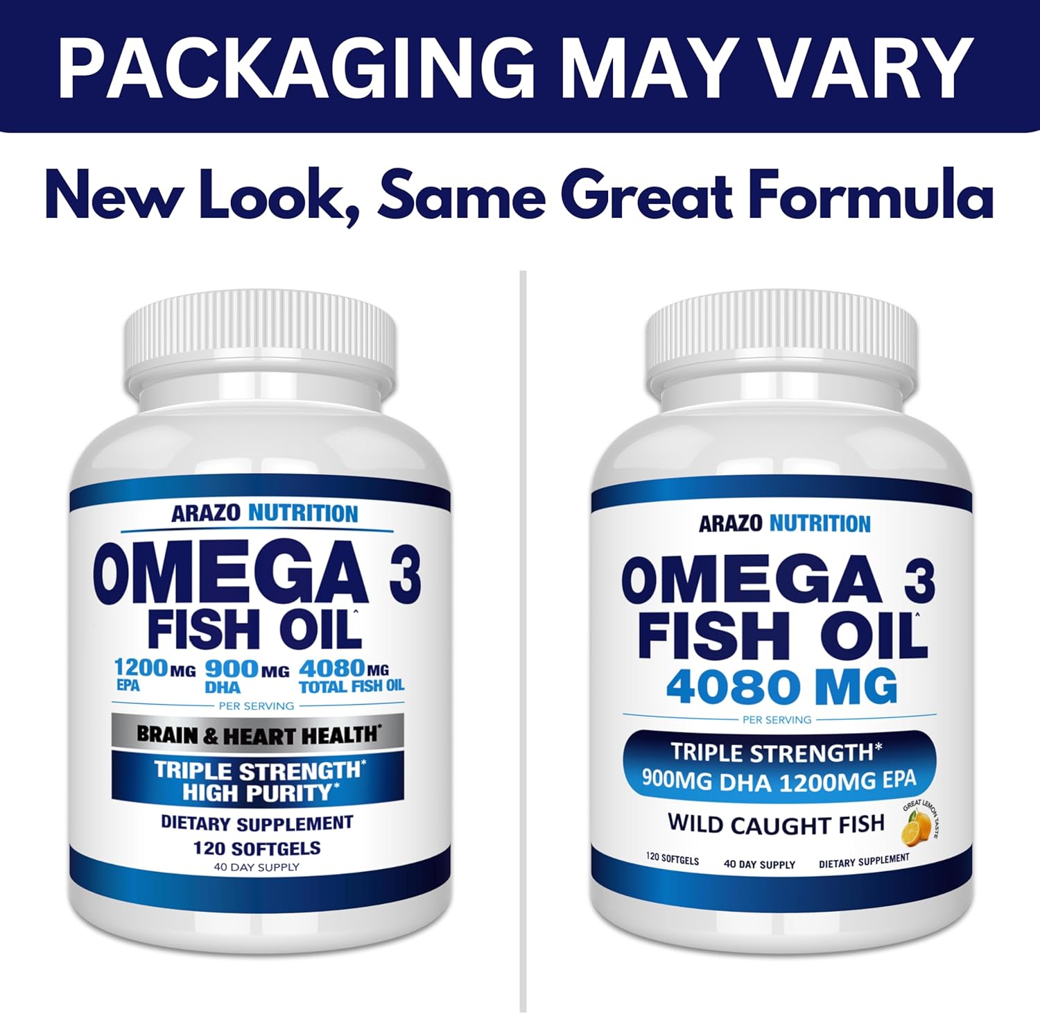 High Potency Wild Caught Omega 3 Fish Oil Softgels with Lemon Flavor - 120 Softgels, 4080mg - EPA 1200mg, DHA 900mg - Burpless