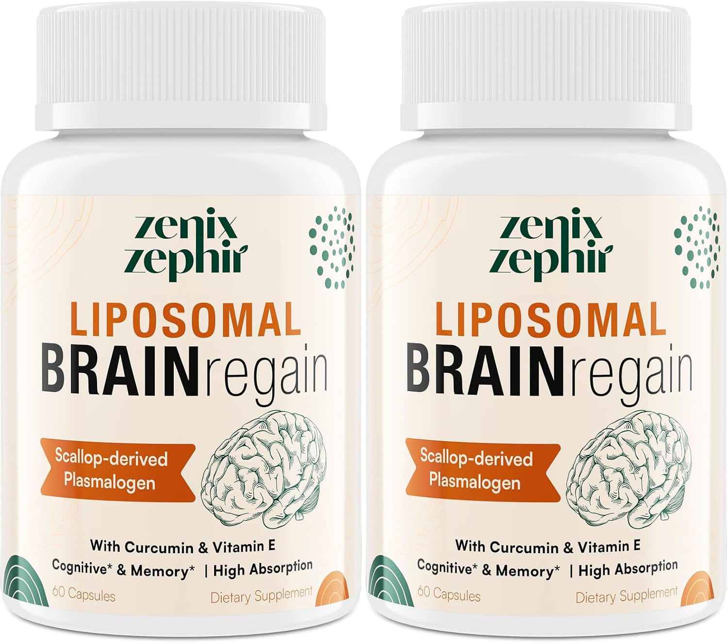 High Potency ZenixZephir Liposomal Brain Supplements with Plasmalogen, Curcumin & Vitamin E for Memory, Focus, and Cognitive Health - 120 Servings for Seniors, Men, and Women