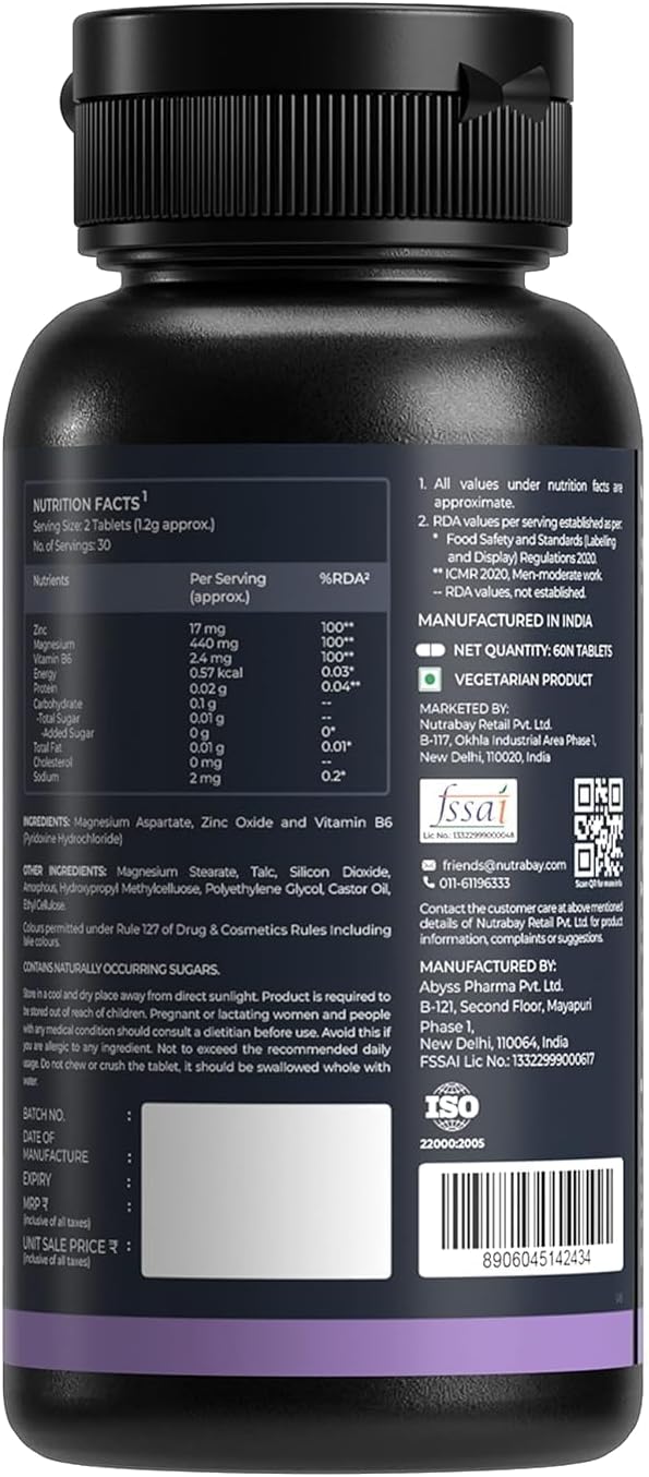 High Potency Zinc, Magnesium Aspartate, and Vitamin B6 Supplement - Supports Muscle Strength - 60 Veg Tablets for Men & Women