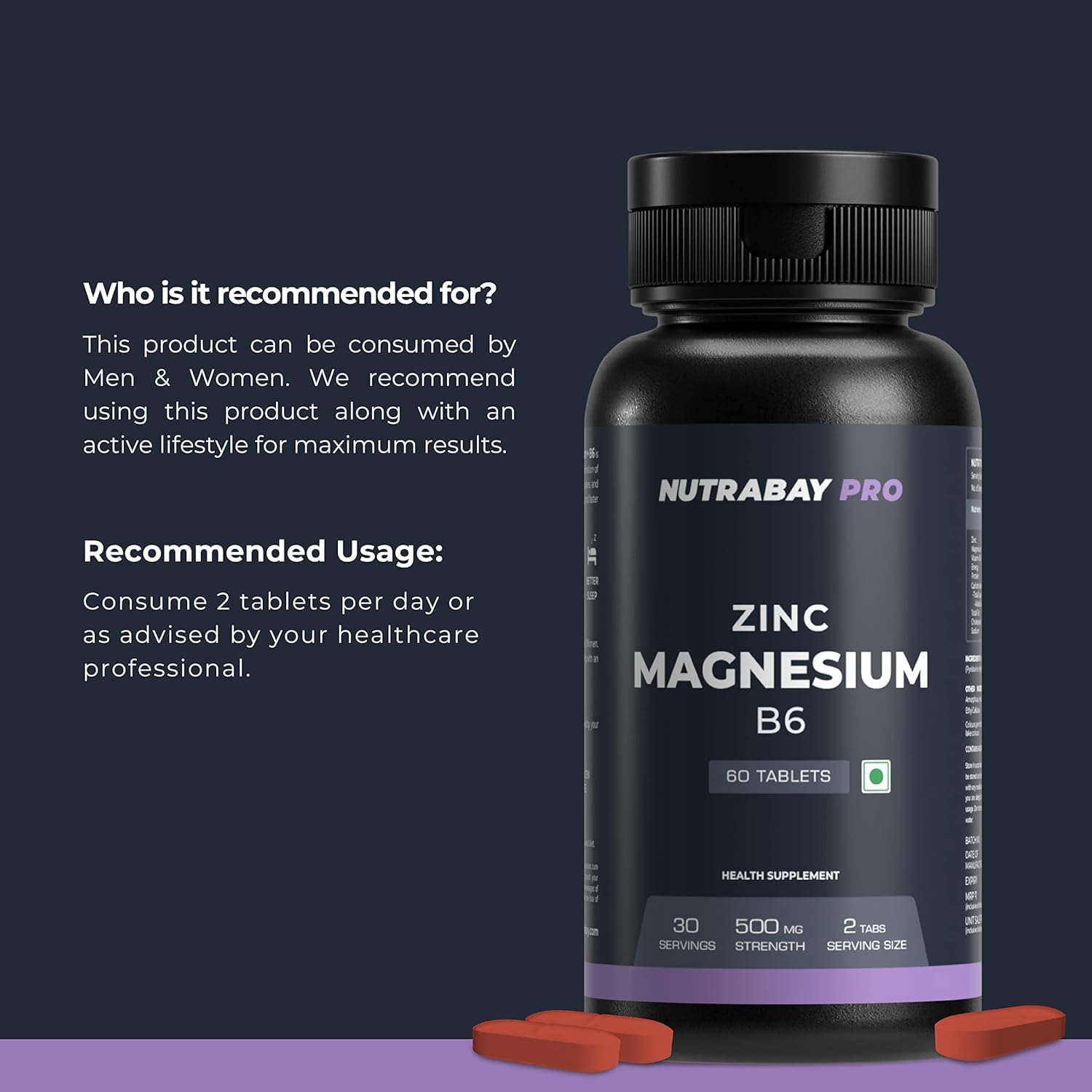 High Potency Zinc, Magnesium Aspartate, and Vitamin B6 Supplement - Supports Muscle Strength - 60 Veg Tablets for Men & Women