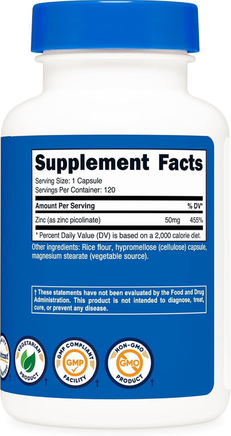 High Potency Zinc Picolinate Capsules - 50mg, 120 Vegetarian Capsules - Gluten Free & Non-GMO by Nutricost