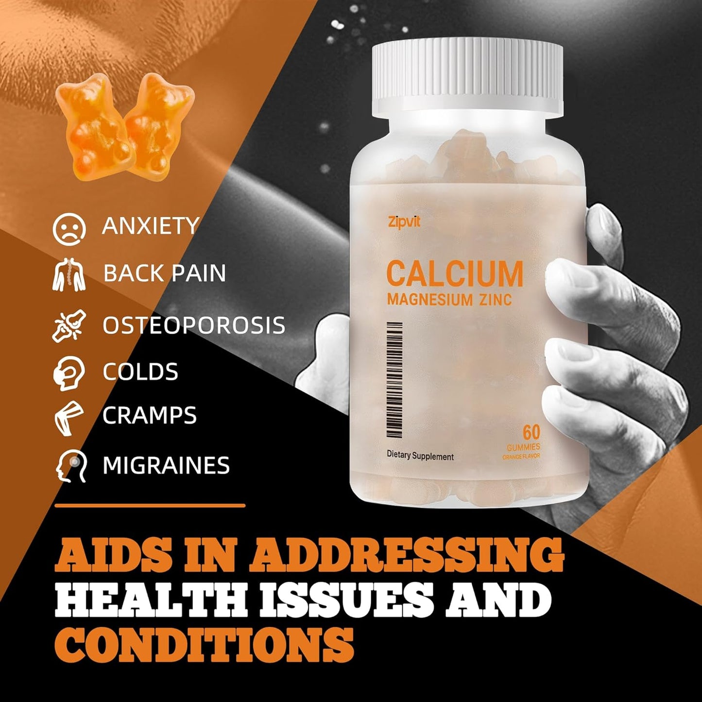 High Potency Zipvit Orange Gummies with Calcium, Magnesium, Zinc, Vitamin D3 & K2 for Enhanced Absorption - 60 Count