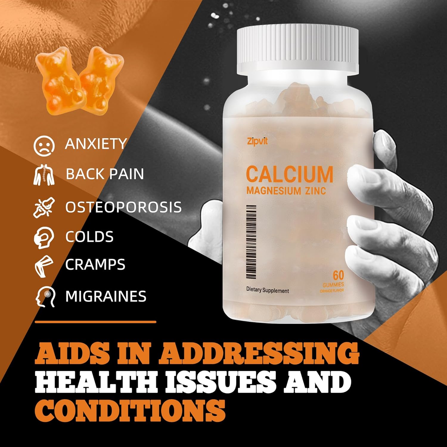 High Potency Zipvit Orange Gummies with Calcium, Magnesium, Zinc, Vitamin D3 & K2 for Enhanced Absorption - 60 Count
