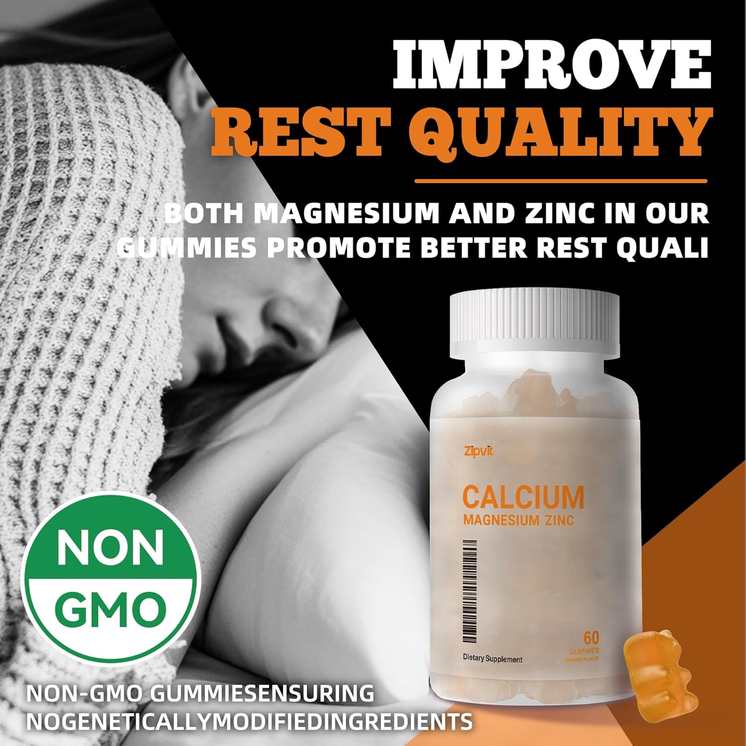 High Potency Zipvit Orange Gummies with Calcium, Magnesium, Zinc, Vitamin D3 & K2 for Enhanced Absorption - 60 Count