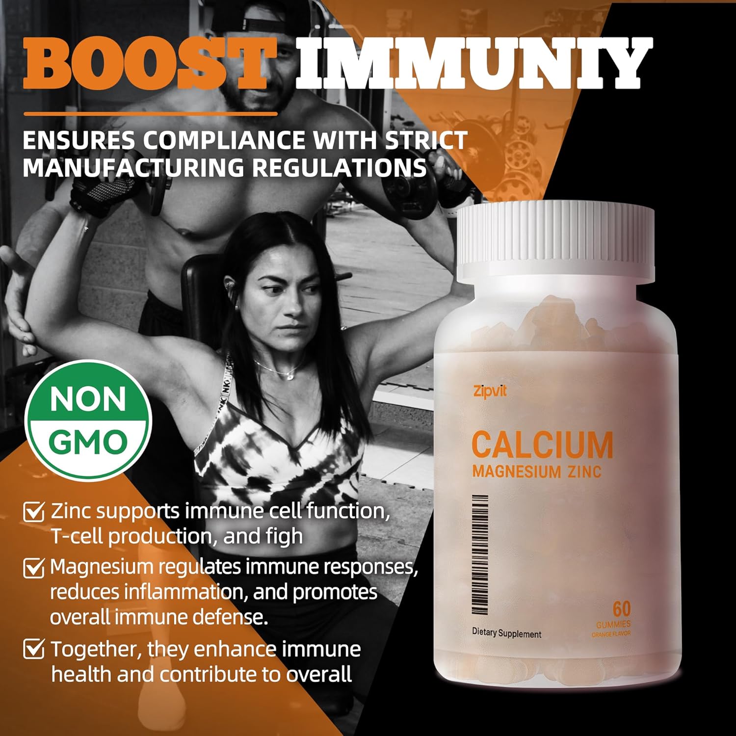 High Potency Zipvit Orange Gummies with Calcium, Magnesium, Zinc, Vitamin D3 & K2 for Enhanced Absorption - 60 Count