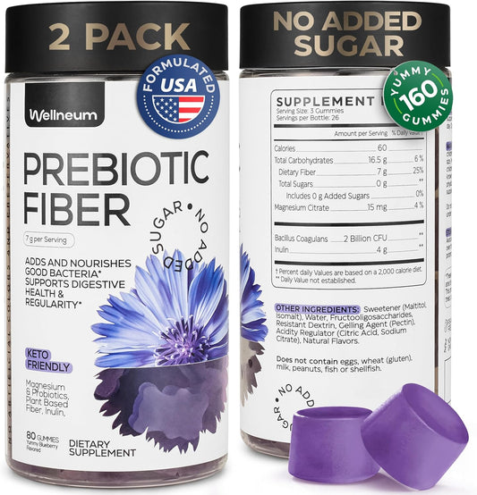 High Prebiotic Fiber Gummies for Digestive Health - Wellness Supplement with 7G Fiber per Serving - Beet FOS, Magnesium Citrate, Inulin, Probiotic - Sugar Free, Non-GMO - 160 Count