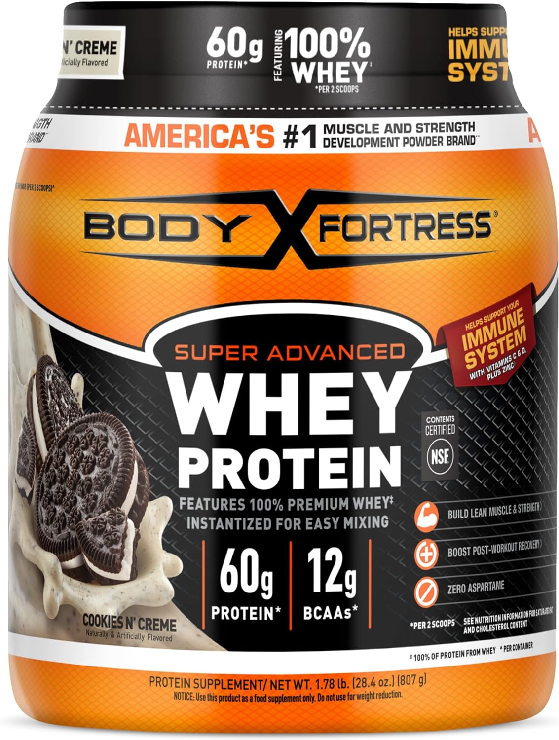 High Protein Body Fortress Powder for Muscle Gain & Recovery - Cookies N’ Creme Flavor, 60g Protein & 12g BCAAs, Immune Support with Vitamins C & D - 1.78lbs