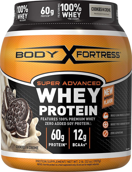 High-Protein Body Fortress Whey Powder, Cookies N' Creme Flavor, No Aspartame, 60g Protein, 2lb