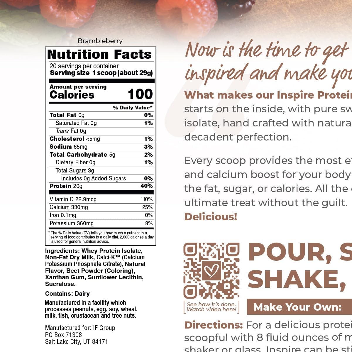 High-Protein Bramble-Berry Whey Isolate Powder for Bariatric Diets with Calcium - 20g Protein