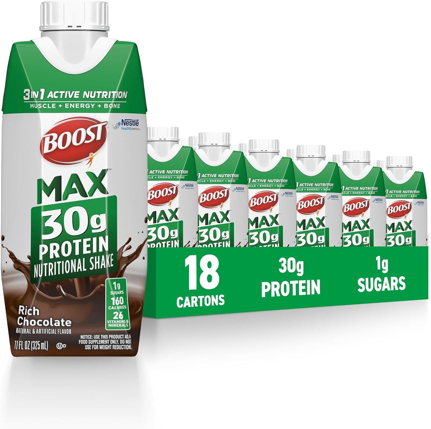 High Protein Chocolate Protein Shake Ready to Drink - 30g Protein, 26 Vitamins & Minerals, 1g Sugar - Muscle Recovery Support, Nutritional Drink - 11 fl oz (Pack of 18)