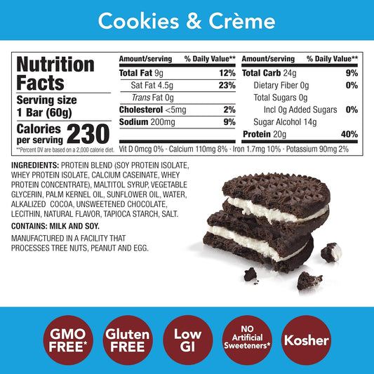 High Protein Cookies and Crème Energy Bars - Gluten Free, Sugar Free, Whey Protein Isolate, 10 Count, Pack of 5