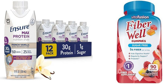 High Protein Nutrition Shake & Fiber Gummies Bundle - Peach, Strawberry, Blackberry - 30g Protein, 90 Count