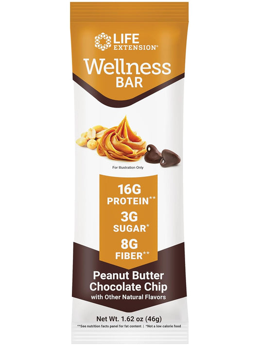 High-Protein Peanut Butter Chocolate Chip Wellness Bars - 16g Protein, 8g Fiber, Low Sugar - Cacao Chips, Whey Isolate Blend, Gluten-Free - 6 Individually Wrapped Snack Bars