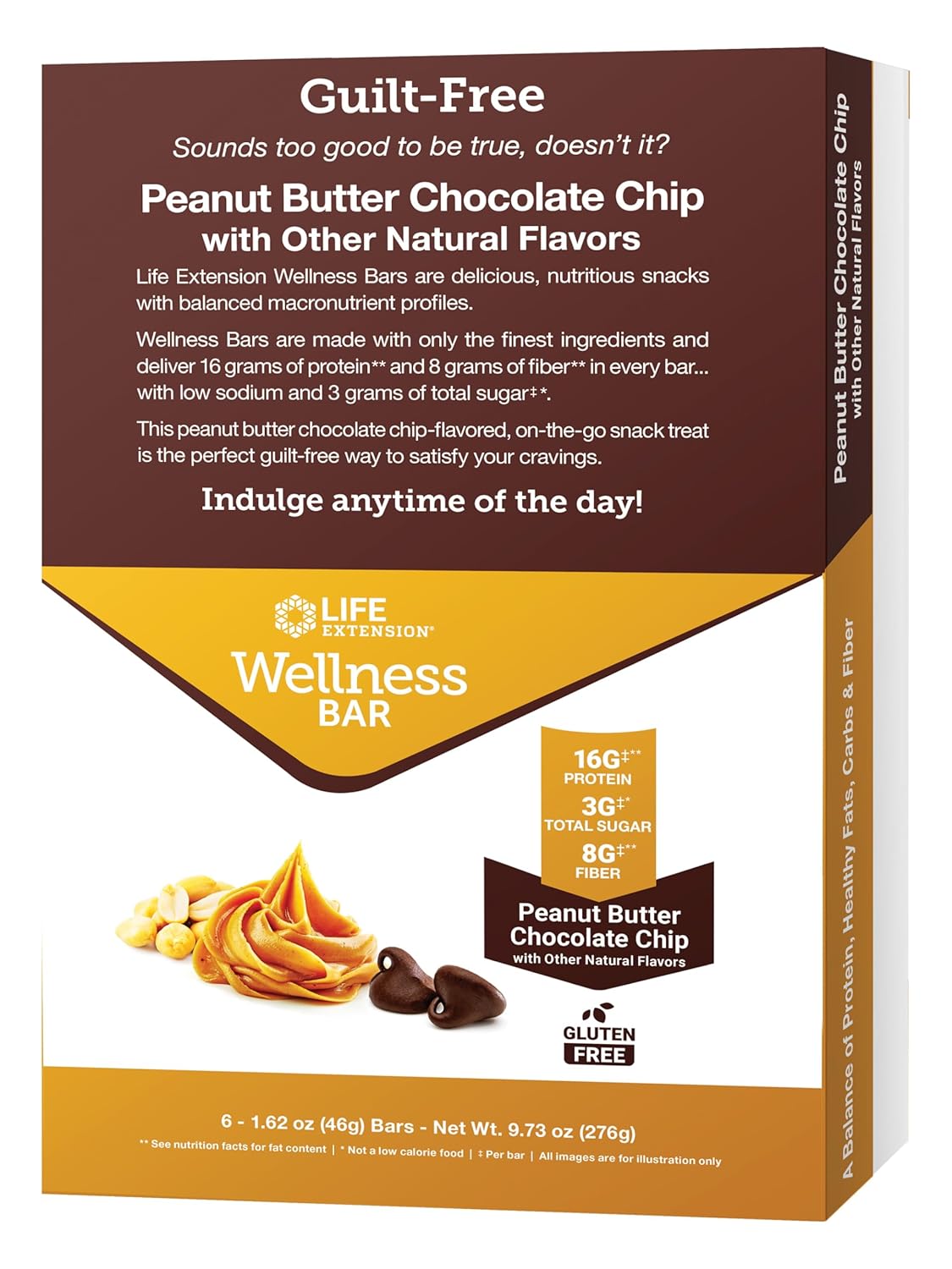 High-Protein Peanut Butter Chocolate Chip Wellness Bars - 16g Protein, 8g Fiber, Low Sugar - Cacao Chips, Whey Isolate Blend, Gluten-Free - 6 Individually Wrapped Snack Bars