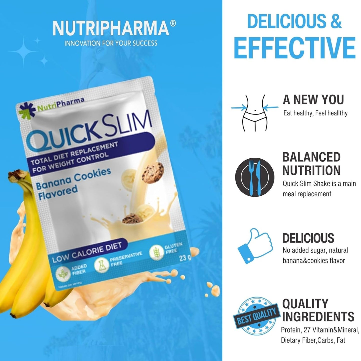 High Protein Weight Loss Shake Powder - Complete Meal Replacement for Women & Men, Low Carb, Intermittent Fasting, Keto, Gluten Free - Banana Cookies Flavor - 1 Serving