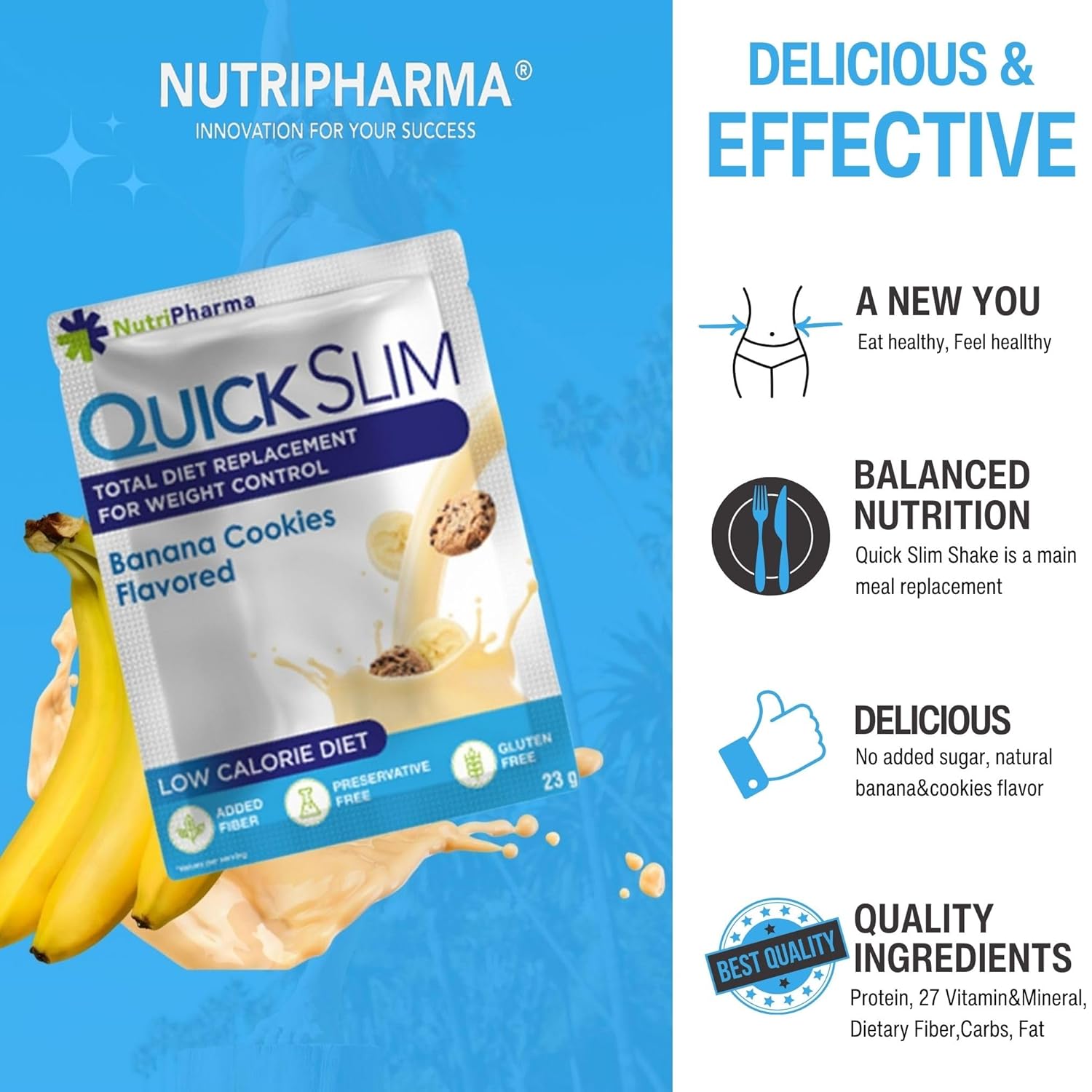 High Protein Weight Loss Shake Powder - Complete Meal Replacement for Women & Men, Low Carb, Intermittent Fasting, Keto, Gluten Free - Banana Cookies Flavor - 1 Serving