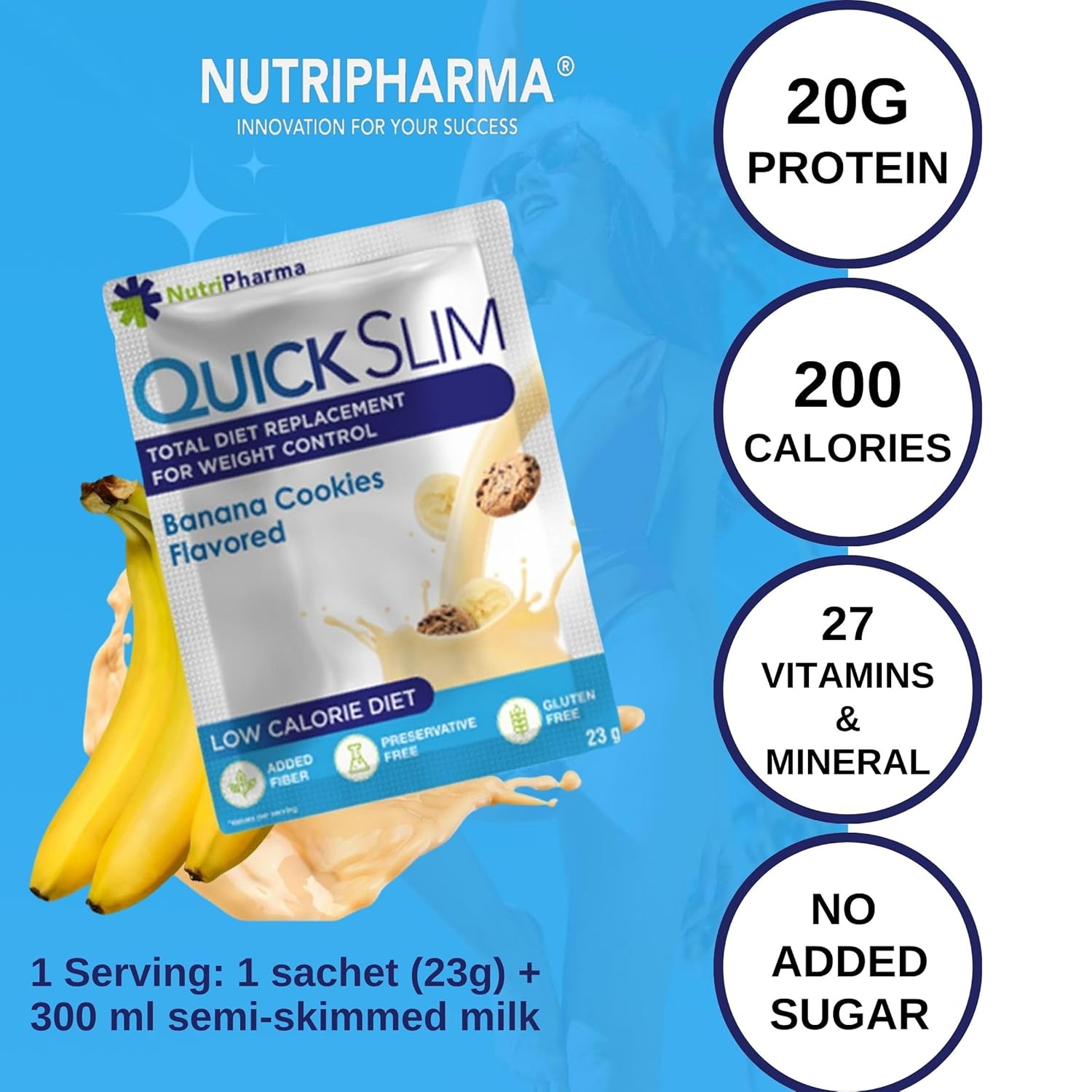 High Protein Weight Loss Shake Powder - Complete Meal Replacement for Women & Men, Low Carb, Intermittent Fasting, Keto, Gluten Free - Banana Cookies Flavor - 1 Serving