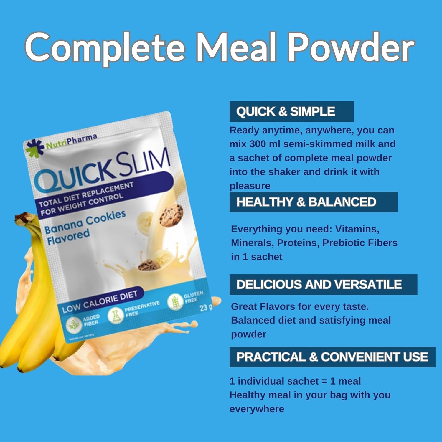 High Protein Weight Loss Shake Powder - Complete Meal Replacement for Women & Men, Low Carb, Intermittent Fasting, Keto, Gluten Free - Banana Cookies Flavor - 1 Serving