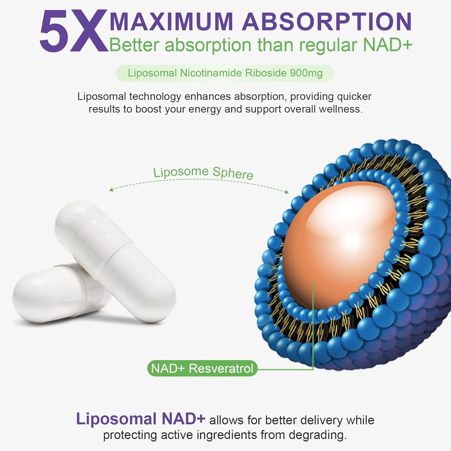 High Purity Liposomal NAD+ Supplement with Nicotinamide Riboside, Resveratrol, and Quercetin for Energy, Cellular Health, and Anti-Aging Support - 80 Capsules