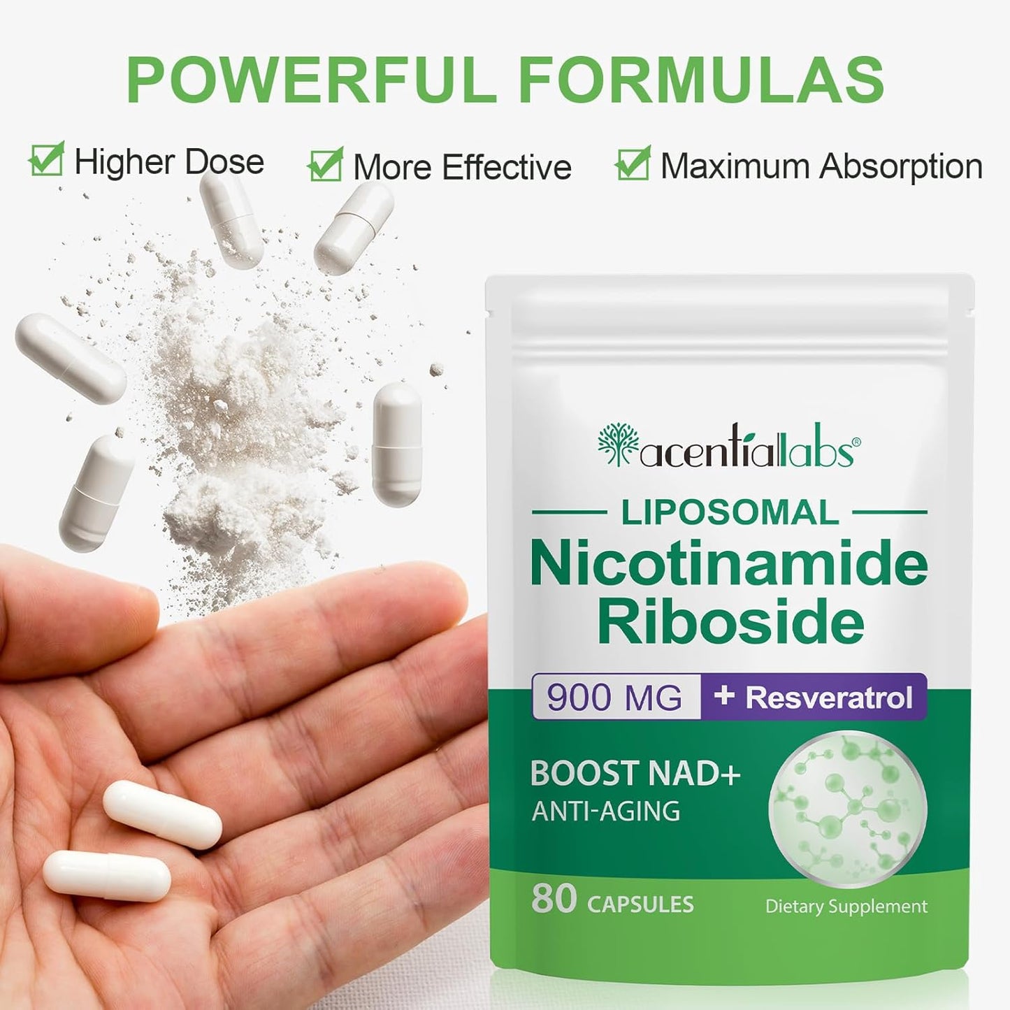 High Purity NAD Plus Supplement Capsules 900MG with Resveratrol & Quercetin - Anti-Aging, Cell Regeneration, Energy Boost - 80 Count