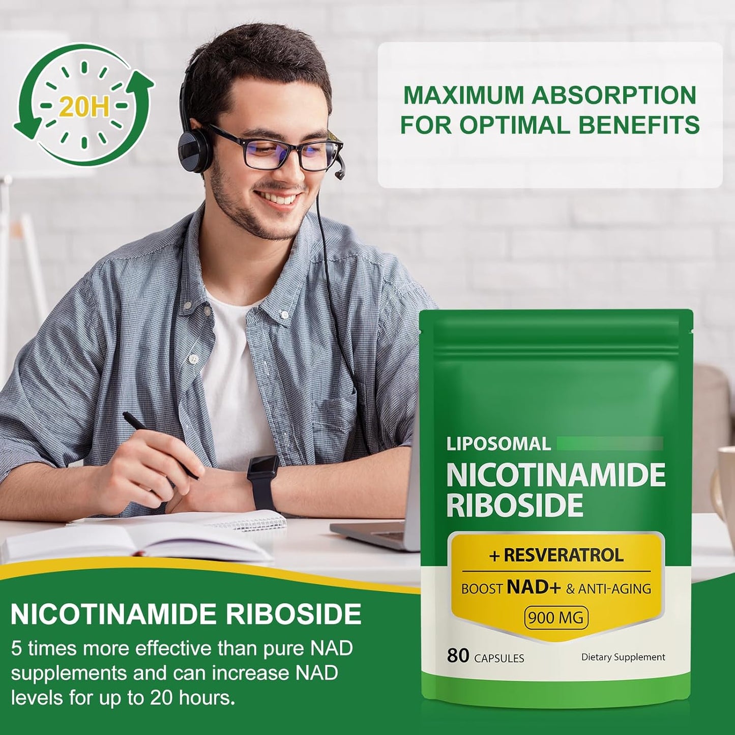 High Purity NAD Supplement with Nicotinamide Riboside, Resveratrol, and Quercetin - Enhance Anti-Aging, Focus, and Energy - 160 Capsules (2 Bags)