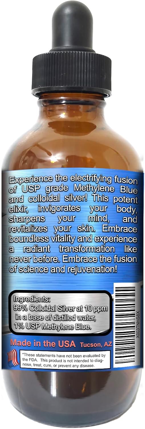 High Purity New Methylene Blue 1% with Colloidal Silver Liquid Supplement for Brain Function | 4 oz Glass Dropper Bottle | USP-Grade Methylthioninium Chloride by Angels Lab