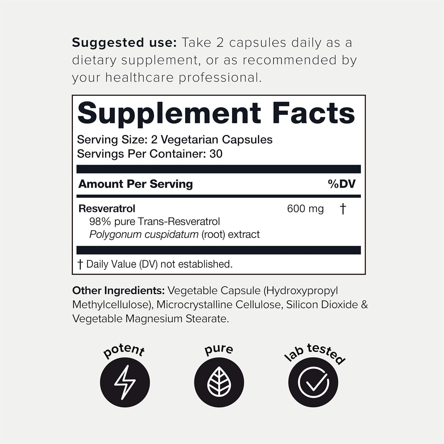 High Purity Resveratrol Capsules - 98% Trans-Resveratrol - Highly Purified and Bioavailable - 60 Capsules