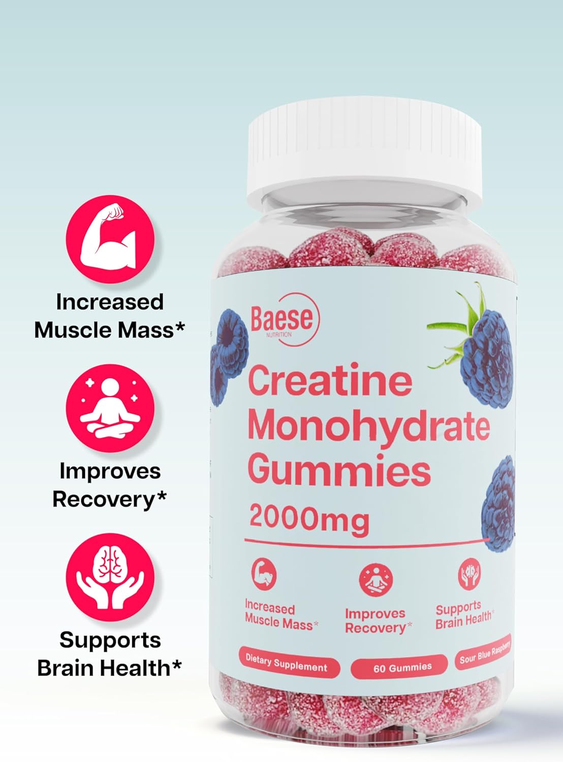High Purity Sour Blue Raspberry Creatine Gummies for Men & Women - Chewable Pre-Workout Supplement for Muscle Strength & Energy Boost