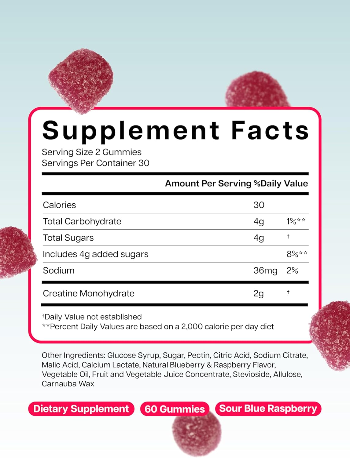 High Purity Sour Blue Raspberry Creatine Gummies for Men & Women - Chewable Pre-Workout Supplement for Muscle Strength & Energy Boost