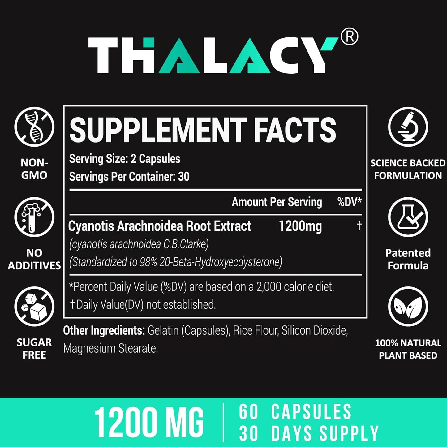 High Purity Thalacy 1200MG Beta Ecdysterone Supplement for Lean Muscle Mass - 120 Capsules