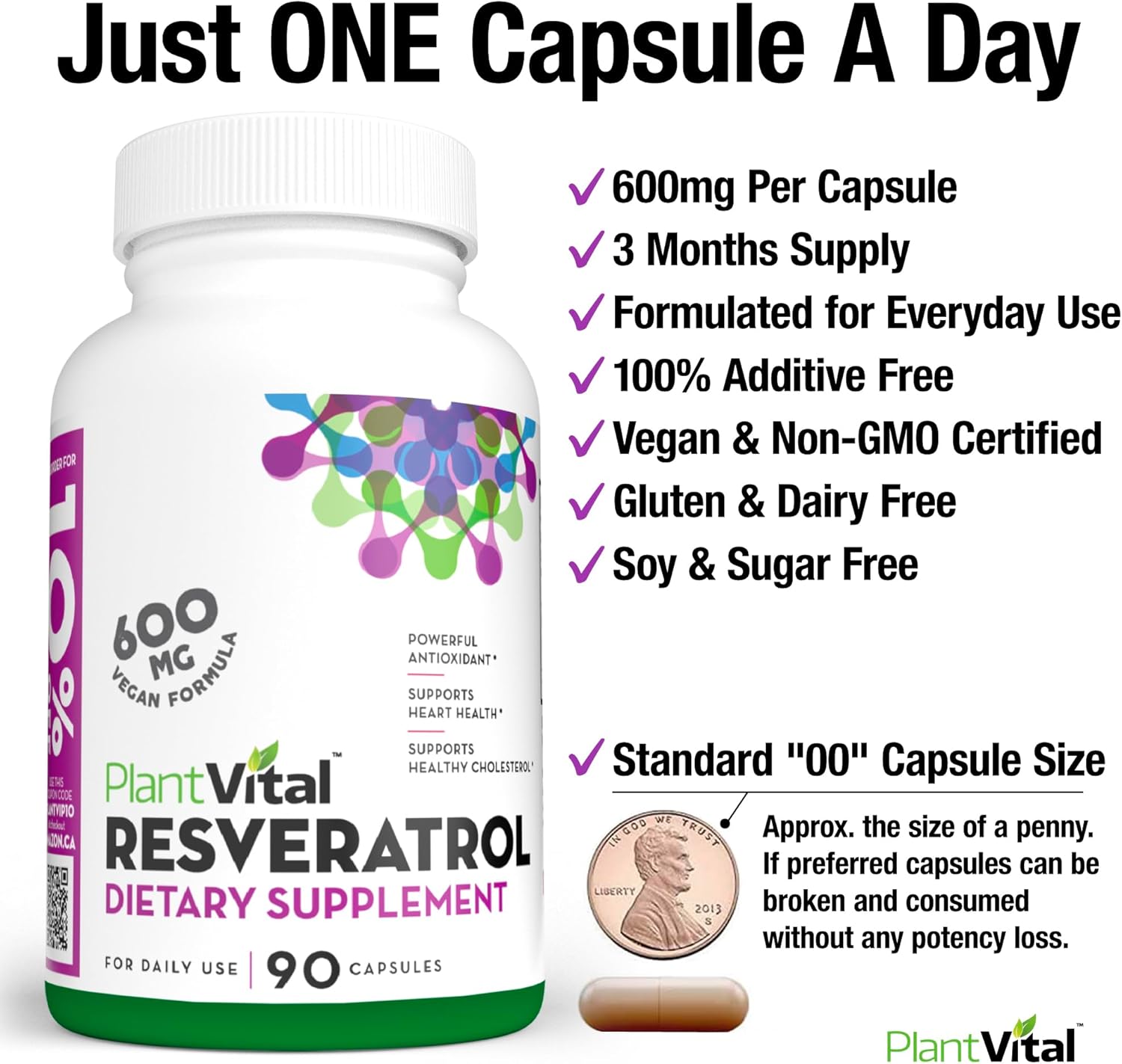 High Purity Trans Resveratrol 600mg Capsules - 90 Vegan Antioxidant Supplement - Non-GMO, Gluten-Free