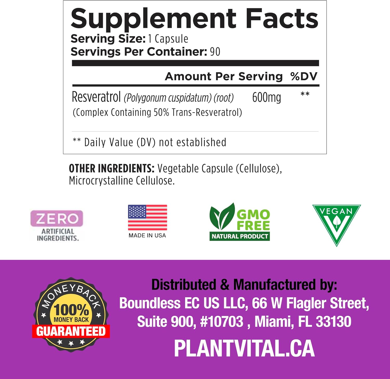 High Purity Trans Resveratrol 600mg Capsules - 90 Vegan Antioxidant Supplement - Non-GMO, Gluten-Free