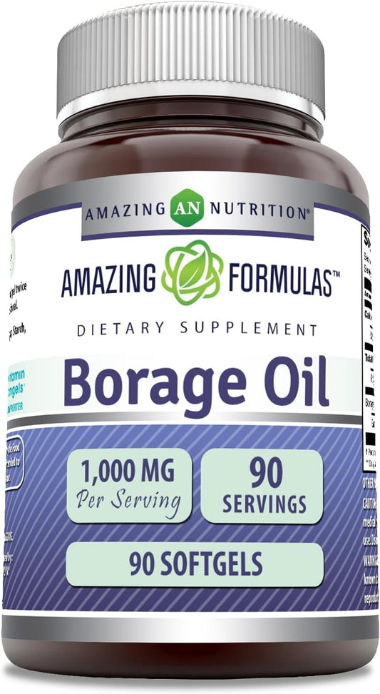 High-Quality 1000mg Borage Oil Supplement Softgels - 90 Count - Non-GMO & Gluten-Free - Made in USA by Amazing Nutrition