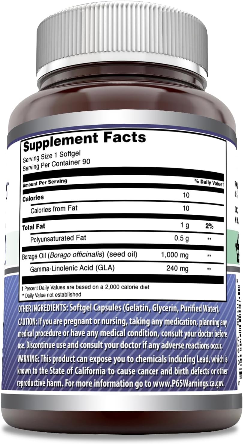 High-Quality 1000mg Borage Oil Supplement Softgels - 90 Count - Non-GMO & Gluten-Free - Made in USA by Amazing Nutrition
