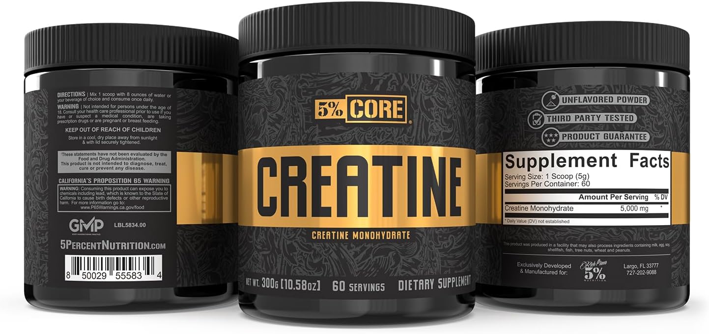 High-Quality 5% Nutrition Core Creatine Powder - 5G Micronized Monohydrate, 60 Servings - Unflavored Supplement