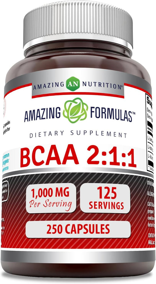 High-Quality BCAA 2:1:1 Capsules Supplement | 1000 Mg Per Serving | Branched Chain Amino Acids | Made in USA (1 Pack, 250 Count)