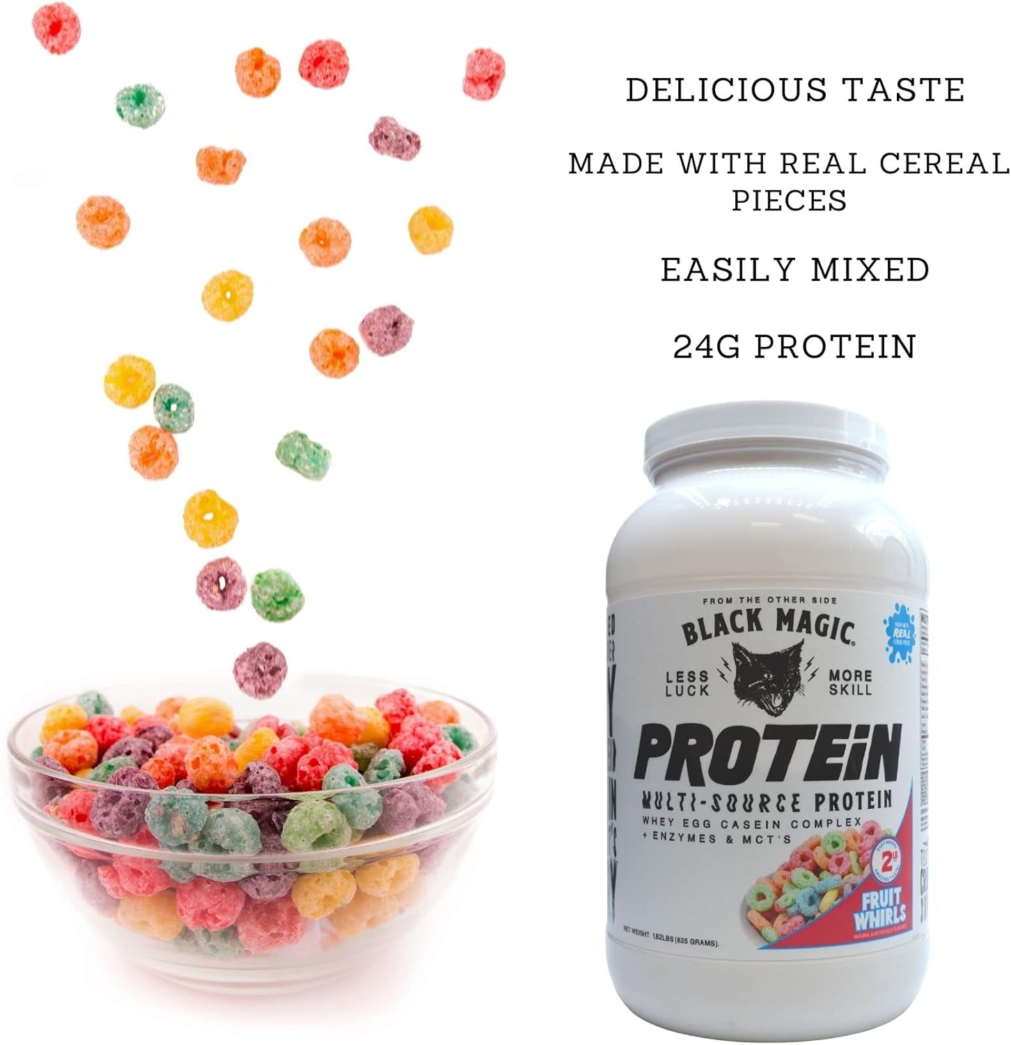 High-Quality Black Magic Multi-Source Protein Blend with Enzymes & MCTs - Keto-Friendly, Low Sugar - Ideal for Pre/Post Workout - Fruit Whirls Flavor - 24g Protein - 2 LB