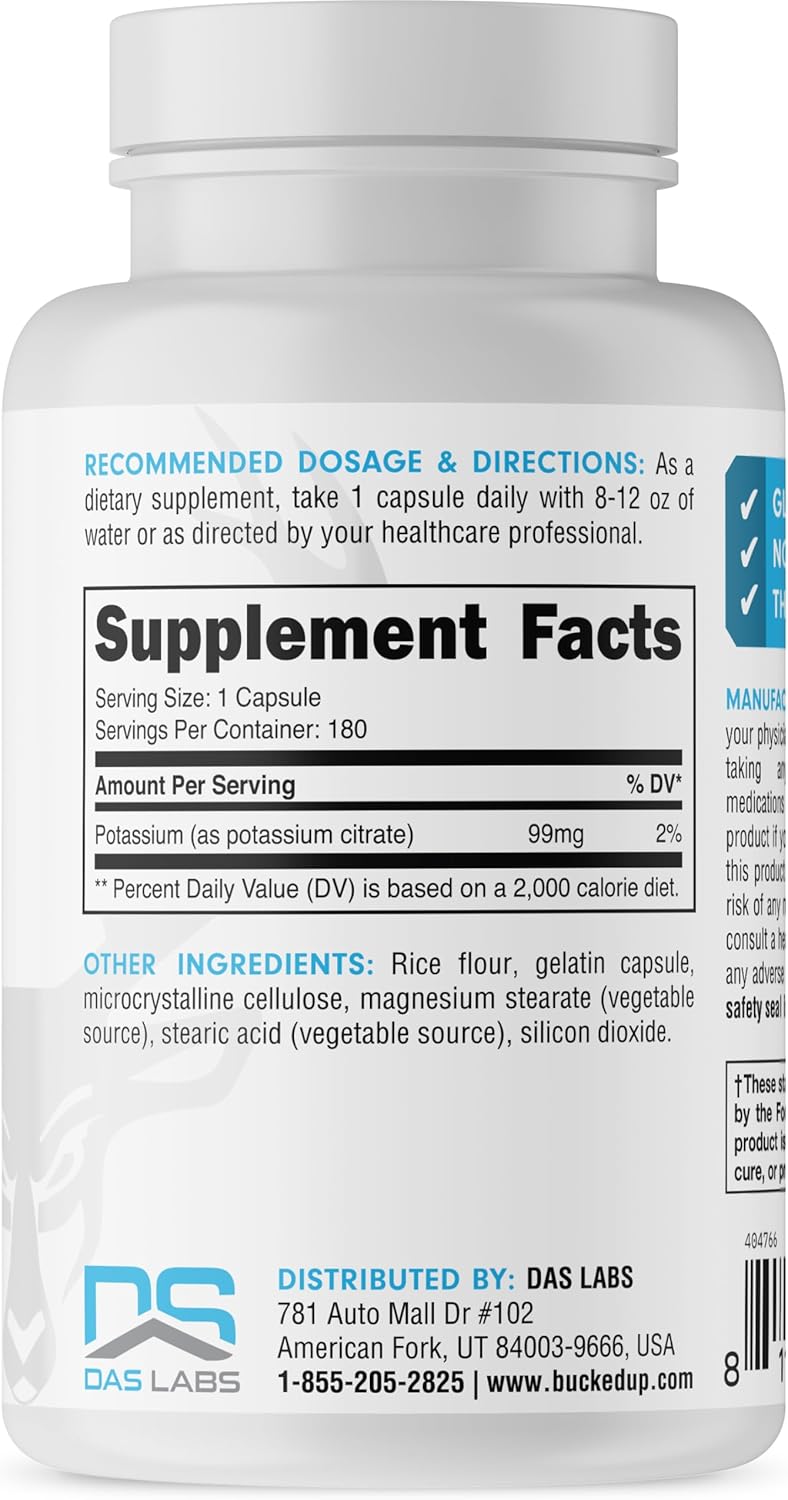 High-Quality Bucked Up Essentials Potassium Citrate Supplement - 99mg Per Serving (180 Capsules)