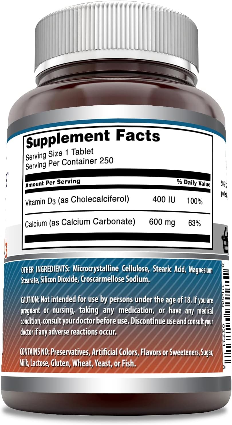 High-Quality Calcium 600mg + Vitamin D3 400IU Tablets | Non-GMO & Gluten Free | USA Made (250 Tablets)