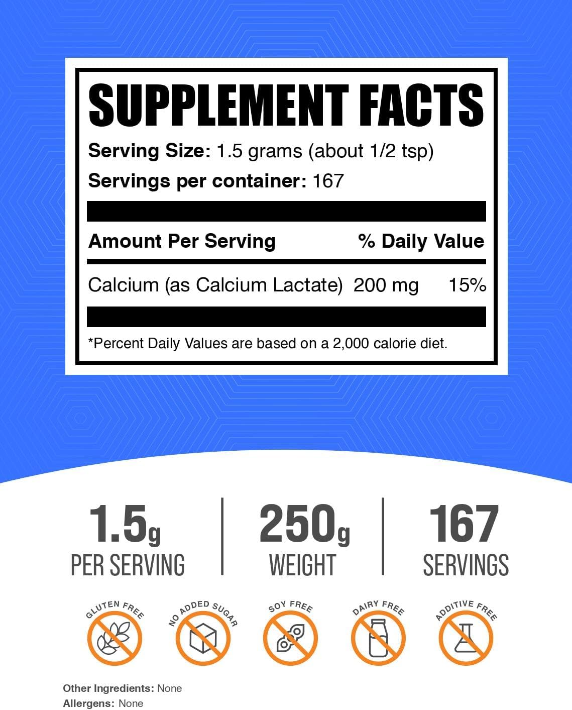High-Quality Calcium Lactate Powder Supplement - 1500mg per Serving (200mg Calcium) - 250g (8.8 oz) Pack of 1 - Food Grade Calcium Lactate Powder