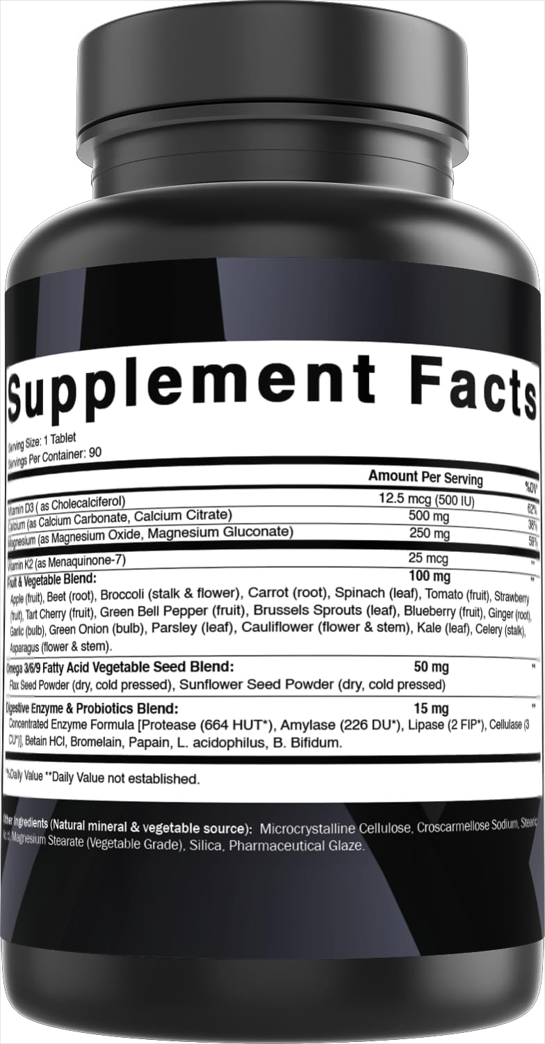 High Quality Calcium Supplement with Vitamin D3, K2, Magnesium - 90 Tablets with Digestive Enzymes, Probiotics, and Omega Blend for Optimal Absorption